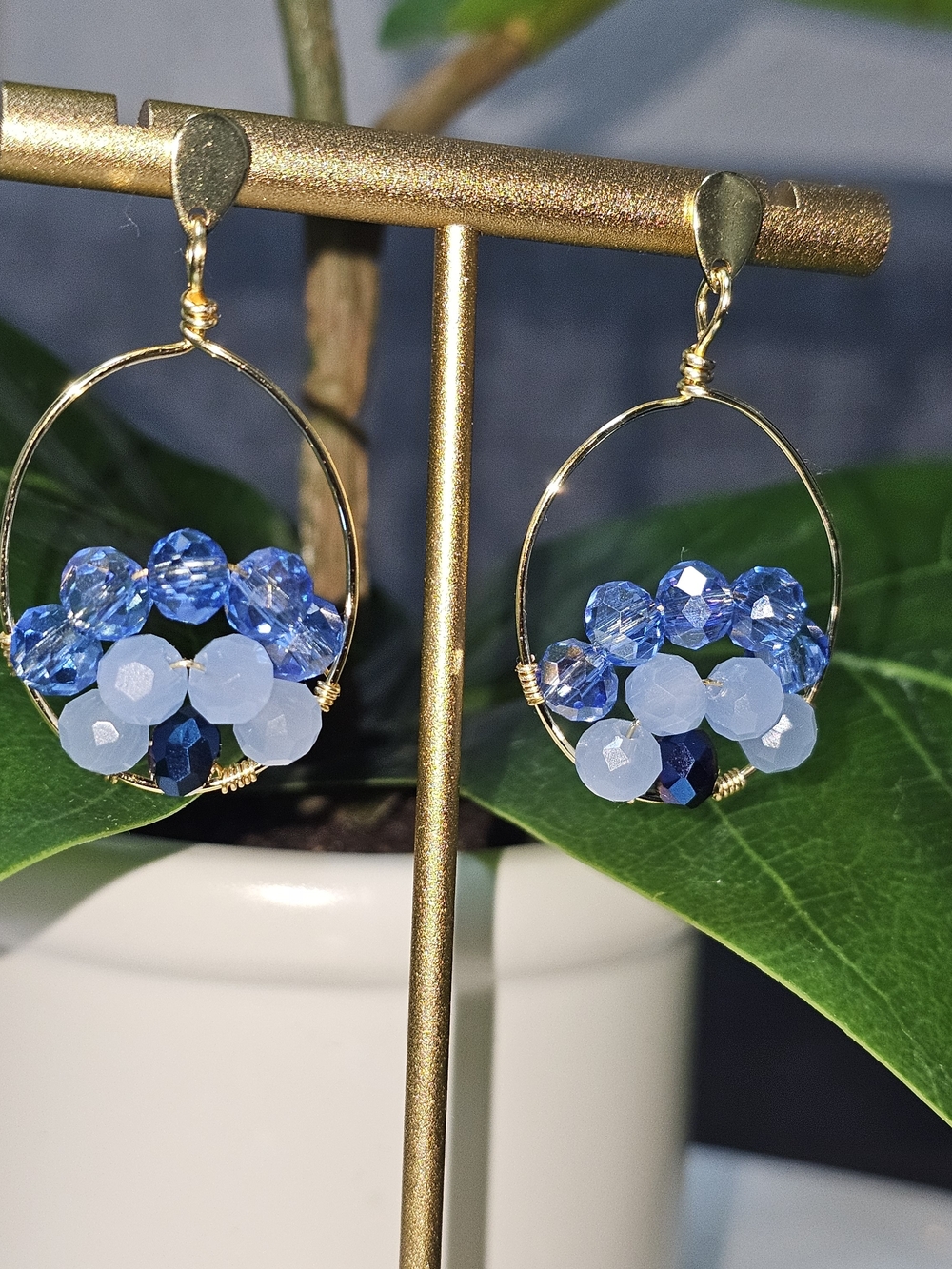Gold Hoop Earrings with Blue Crystal Cluster